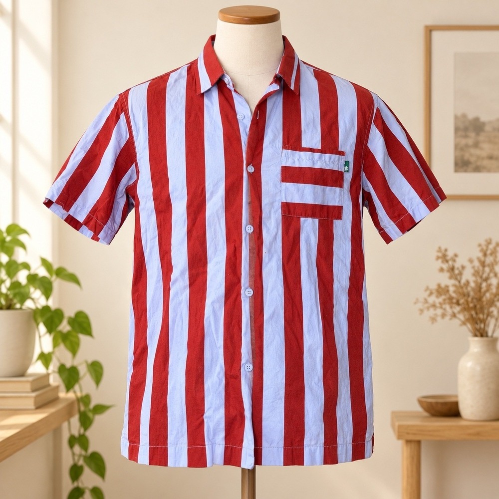 Urban Outfitters Mens Small Red Blue Striped Short Sleeve Button Down Shirt